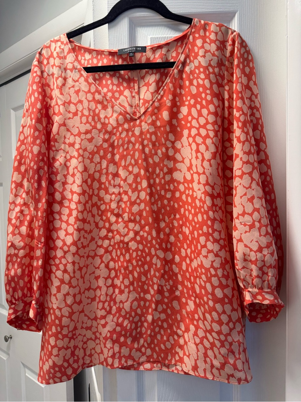 Lafayette 148 New York Coral and Beige Animal-Print V-Neck Blouse